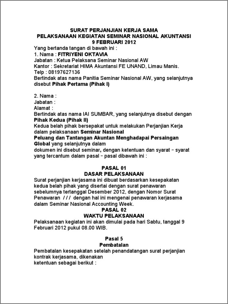 Contoh Surat Perjanjian Kerjasama Seminar