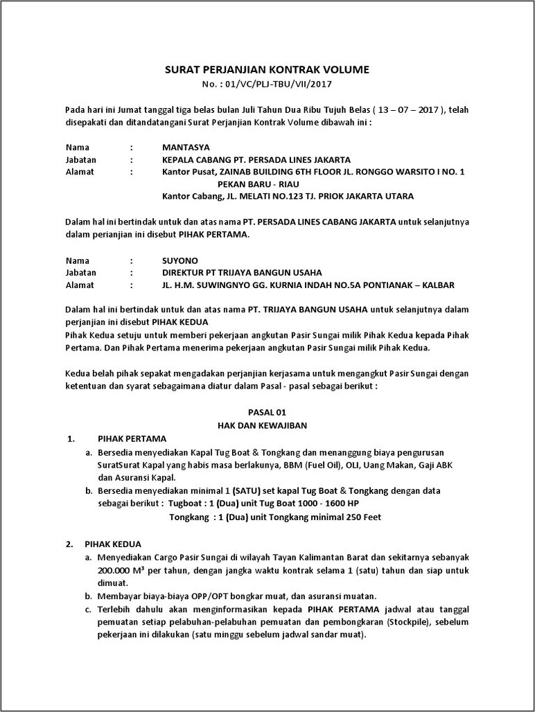 Contoh Surat Perjanjian Kerjasama Terminal Khusus