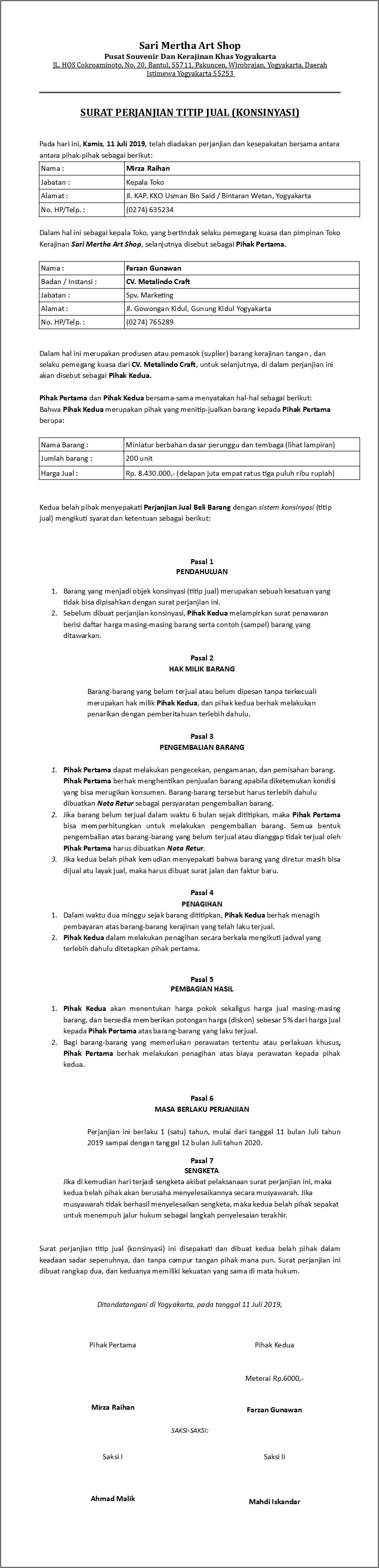 Contoh Surat Perjanjian Kerjasama Titip Jual Property
