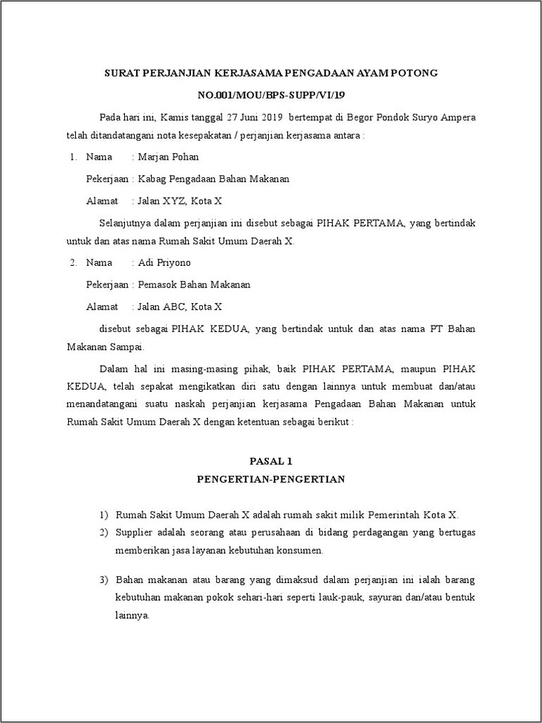 Contoh Surat Perjanjian Kerjasama Usaha Dalam Hal Barang