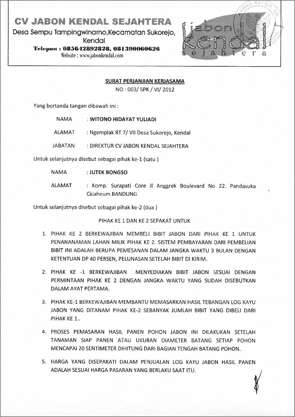 Contoh Surat Perjanjian Kerjasama Usahapenjualan