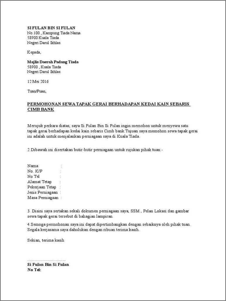 Contoh Surat Permohonan Tapak Vending Machine