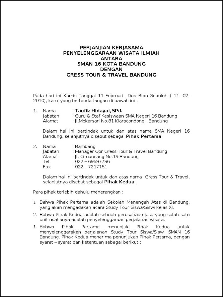Contoh Surat Perjanjian Kerjsama