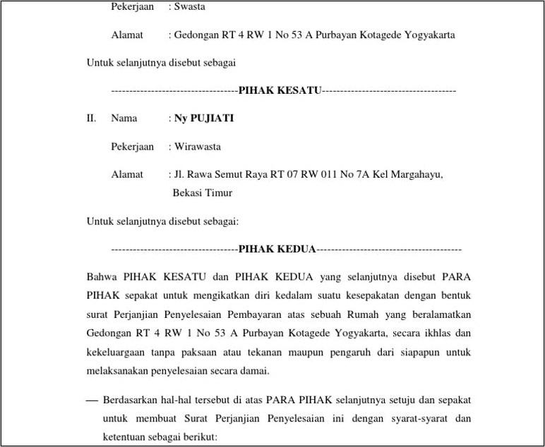 Contoh Surat Perjanjian Kesepakatan Pembayaran Hutang