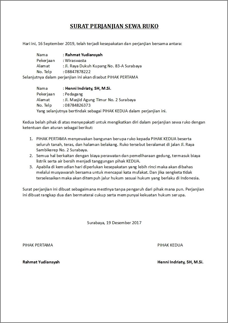 Contoh Surat Perjanjian Konrak Rumah