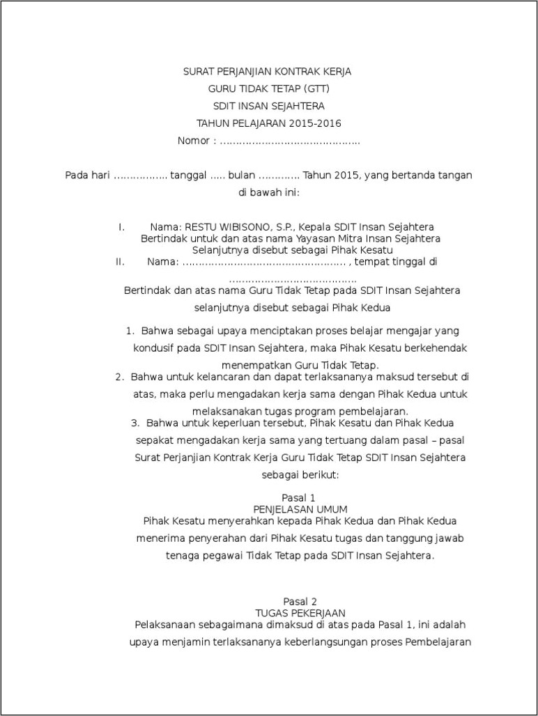 Contoh Surat Perjanjian Kontrak Belajar Sd Doc