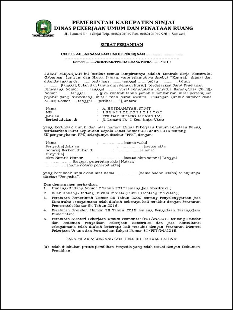 Contoh Surat Perjanjian Kontrak Menurut Permen Pupr No.7 Tahun 2018