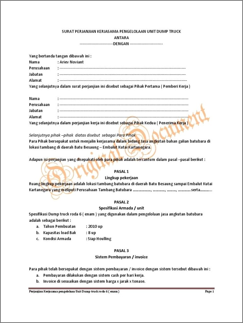 Contoh Surat Perjanjian Kontrak Rice Mill