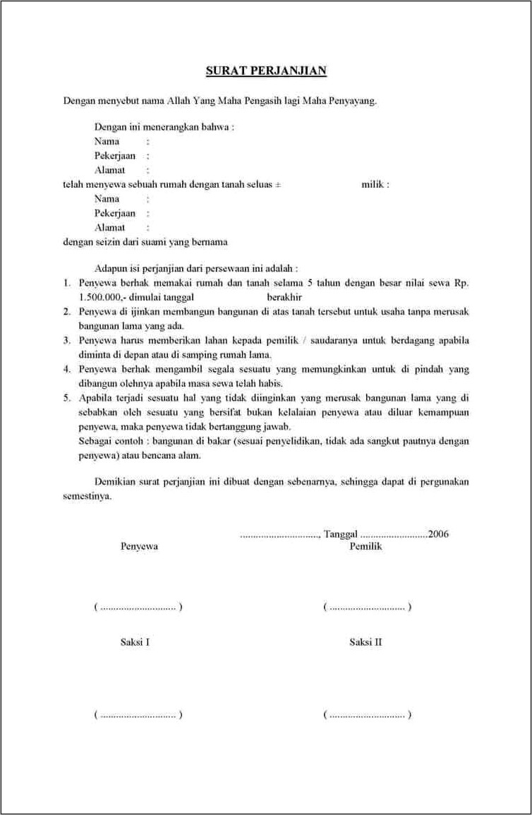Contoh Surat Perjanjian Kontrak Rumah Beserta Isinya