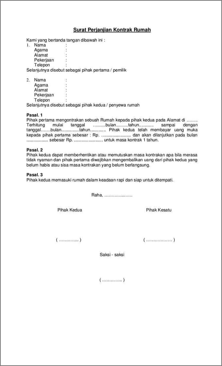 Contoh Surat Perjanjian Kontrak Rumah Tempat Tinggal Sederhana