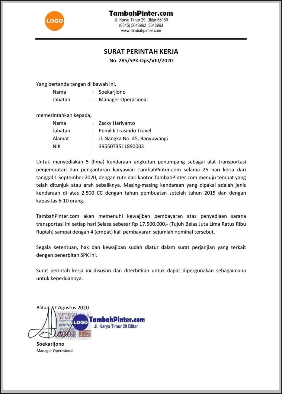 Contoh Surat Perjanjian Kontrak Service Mobil