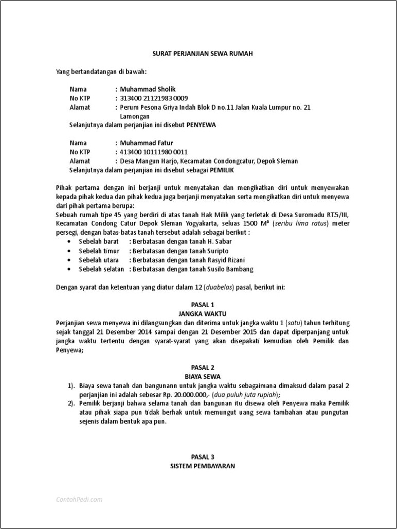 Contoh Surat Perjanjian Kontrak Sewa Lahan