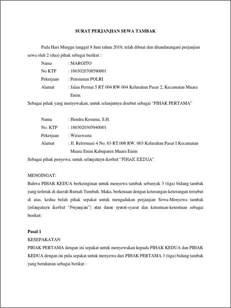 Contoh Surat Perjanjian Kontrak Singkat