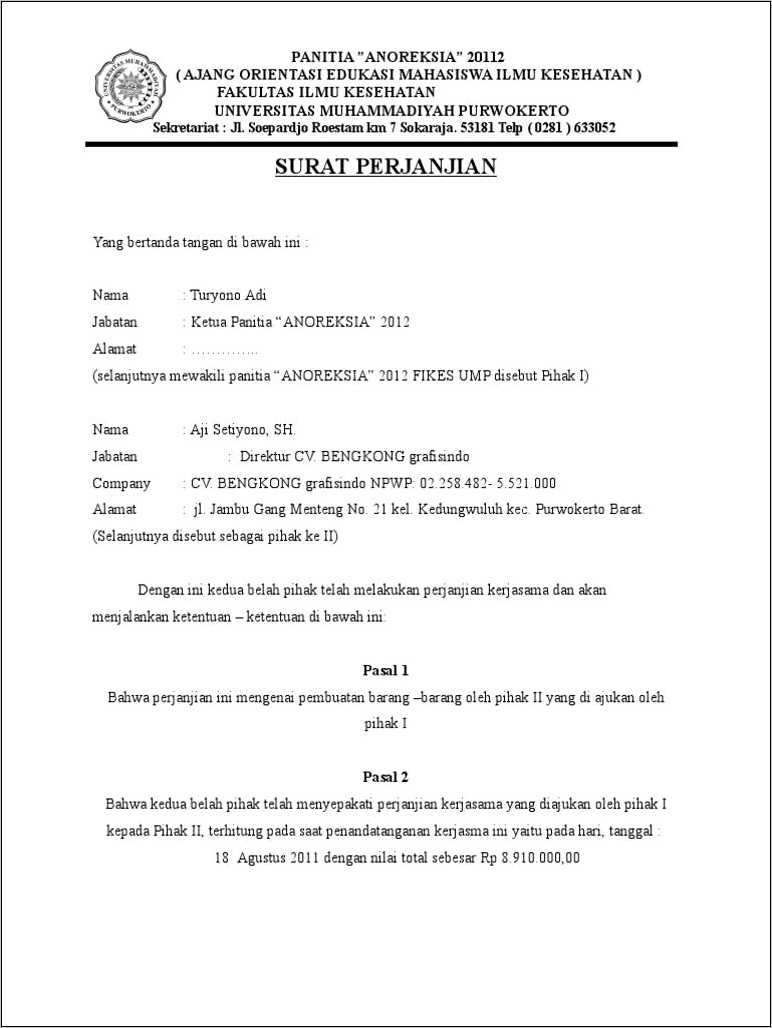 Kontrak Kerja Contoh Surat Perjanjian Kontrak Kerja Surat Kontrak