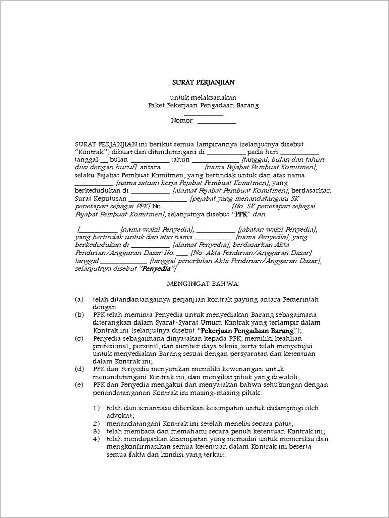 Contoh Surat Perjanjian Kontrak Untuk Pembelian Barang