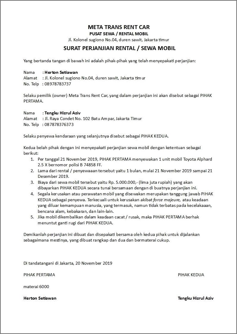 Contoh Surat Perjanjian Kredit Mobil