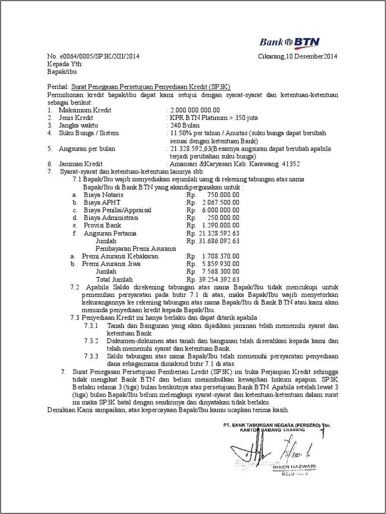 Contoh Surat Perjanjian Kredit Pemilikan Rumah