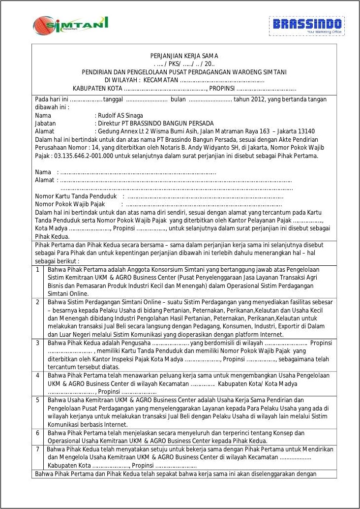 Contoh Surat Perjanjian Marketing Koperasi Dengan Koperasi