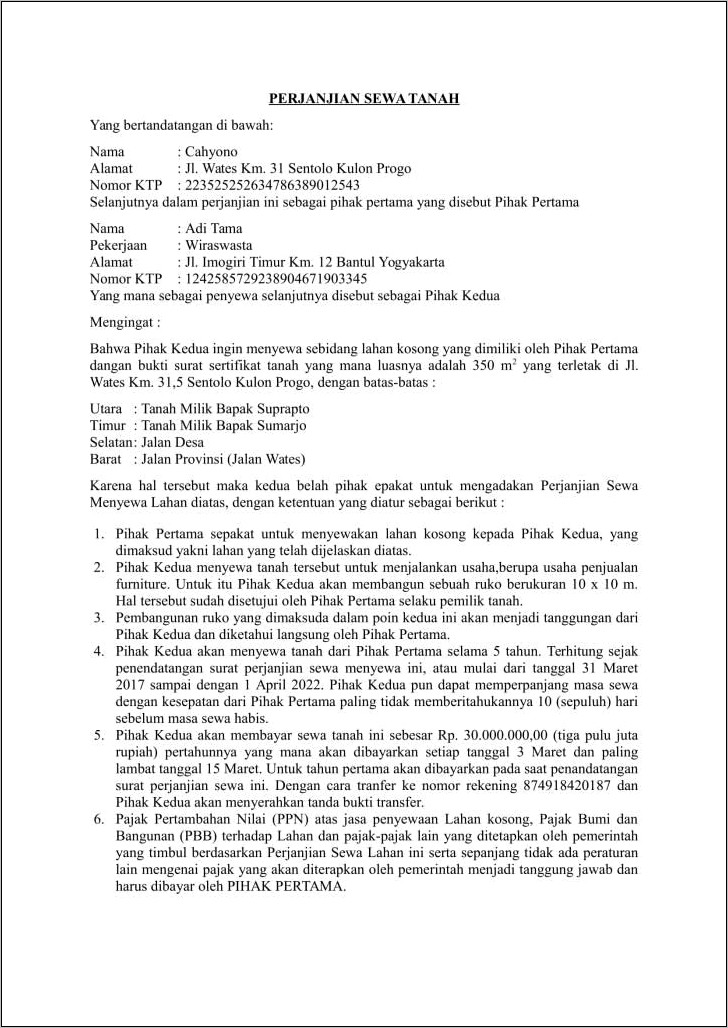 Contoh Surat Perjanjian Menyewa