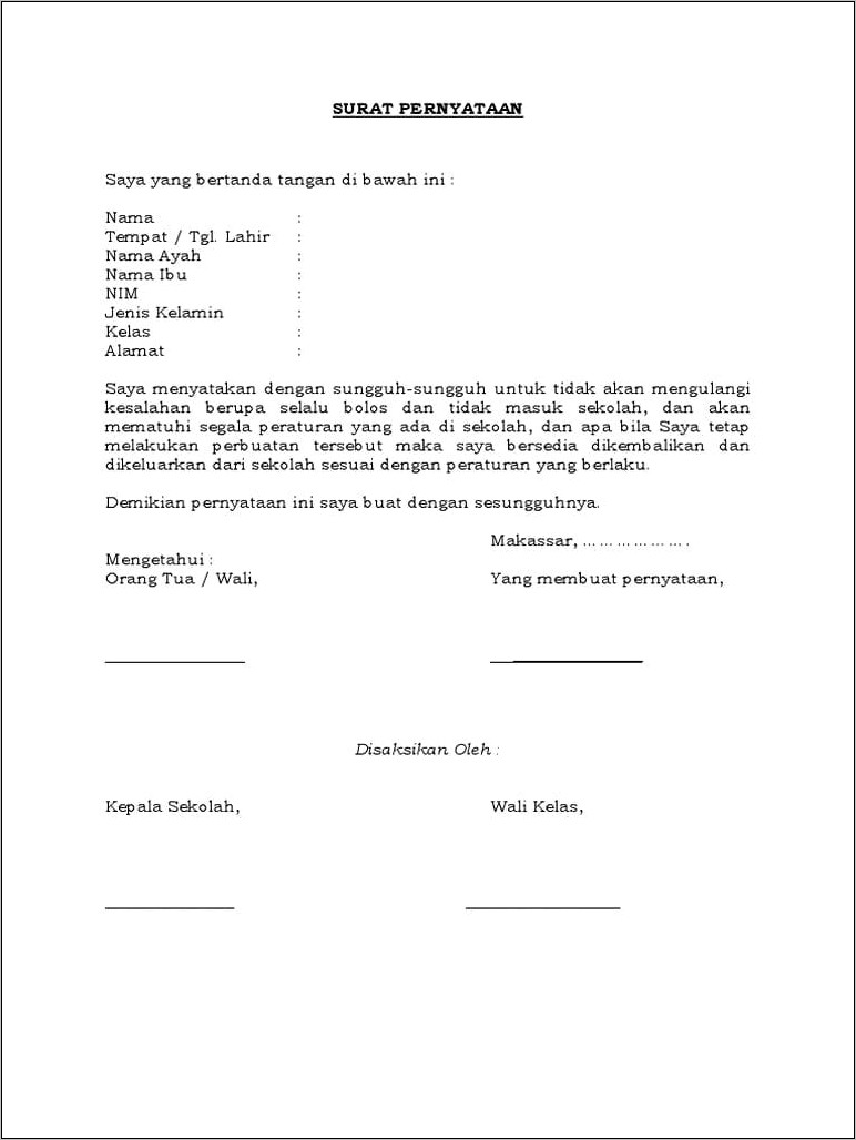 Contoh Surat Perjanjian Murid