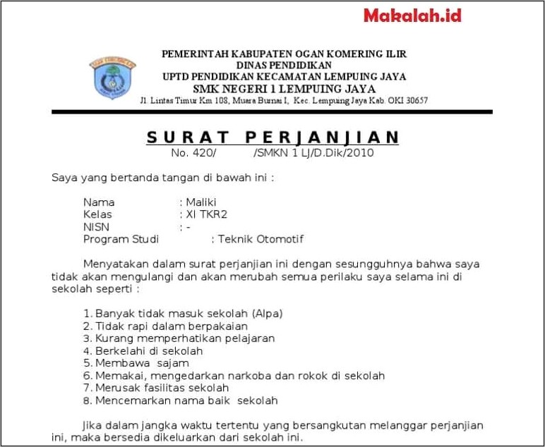 Contoh Surat Perjanjian Orang Tua Smp Theresia