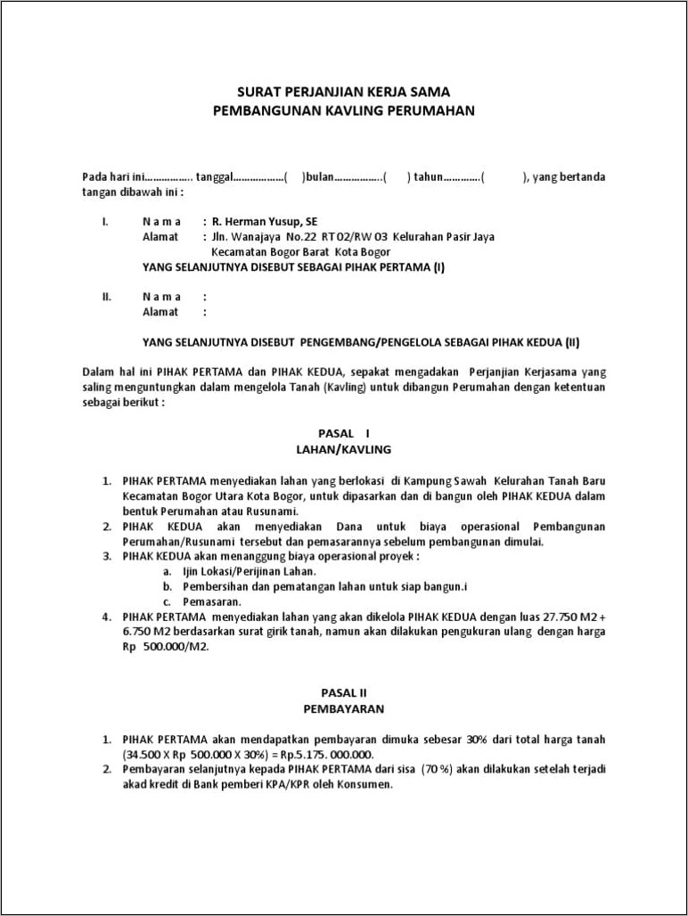 Contoh Surat Perjanjian Over Kredit Tanah