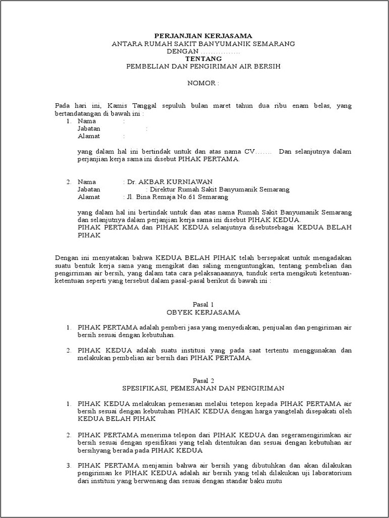 Contoh Surat Perjanjian Owner Dan Pihak Rumah Sakit