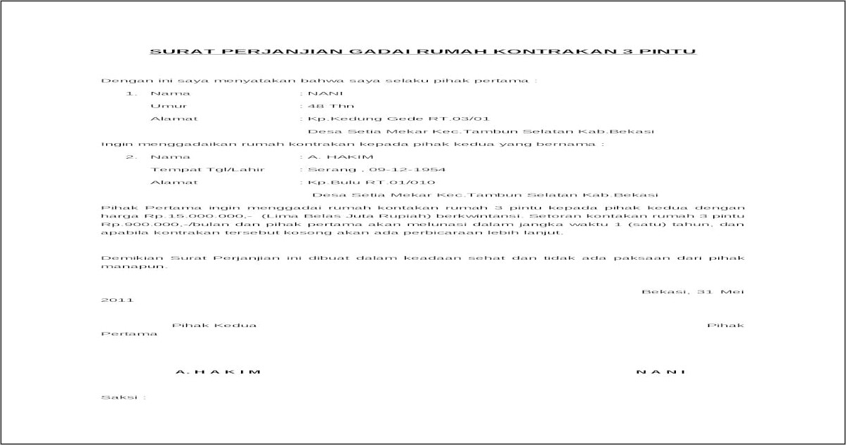 Contoh Surat Perjanjian Pegadaian