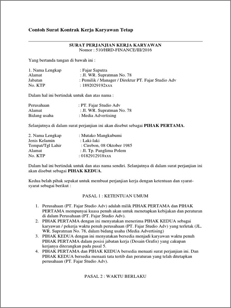 Contoh Surat Perjanjian Pegawai Kontrak