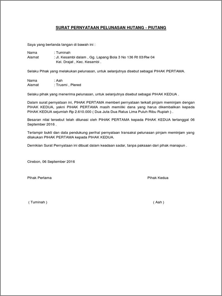 Contoh Surat Perjanjian Pelunasan