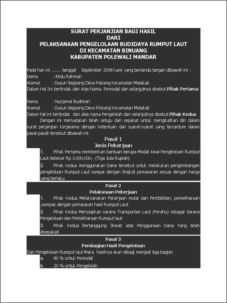 Contoh Surat Perjanjian Pembagian Keuntungan Usaha Bersama