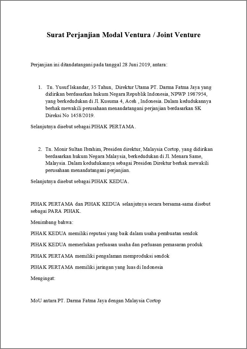 Contoh Surat Perjanjian Pembiayaan Dan  Hasil - Surat permohonan .