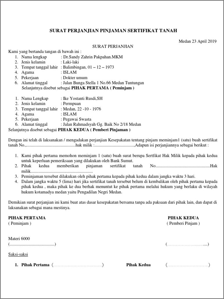 Contoh Surat Perjanjian Peminjaman Sertipikat