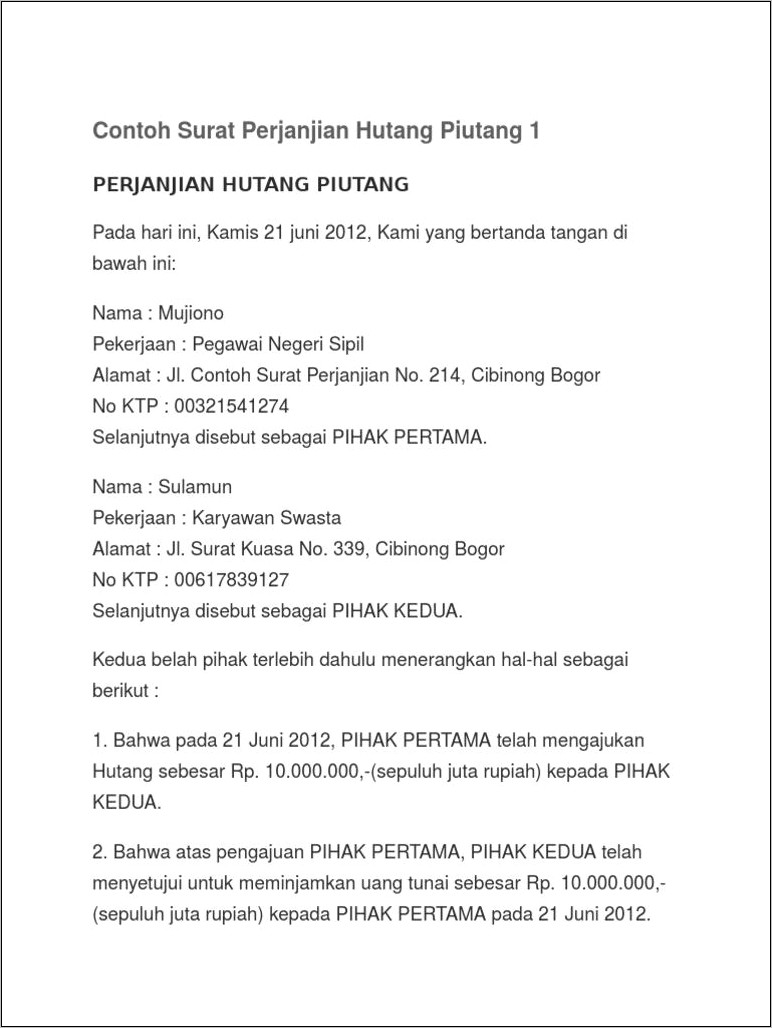 Contoh Surat Perjanjian Pencicilan Hutang