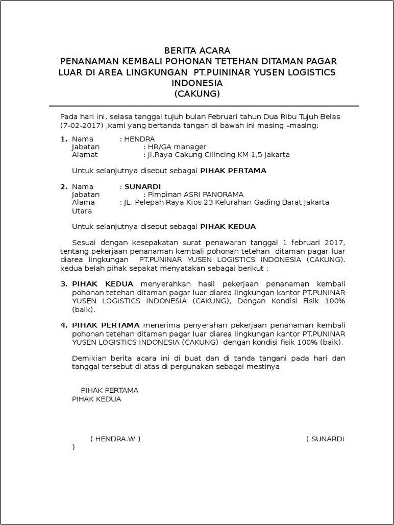 Contoh Surat Perjanjian Penebangan Pohon