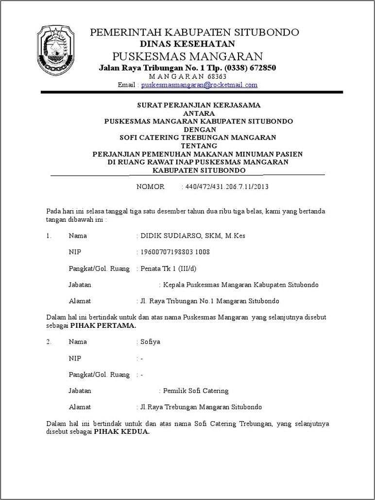Contoh Surat Perjanjian Pengadaan Catering