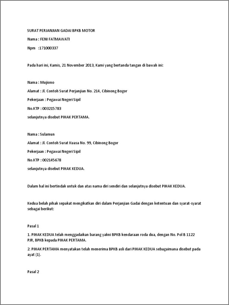 Contoh Surat Perjanjian Penggadaian Motor