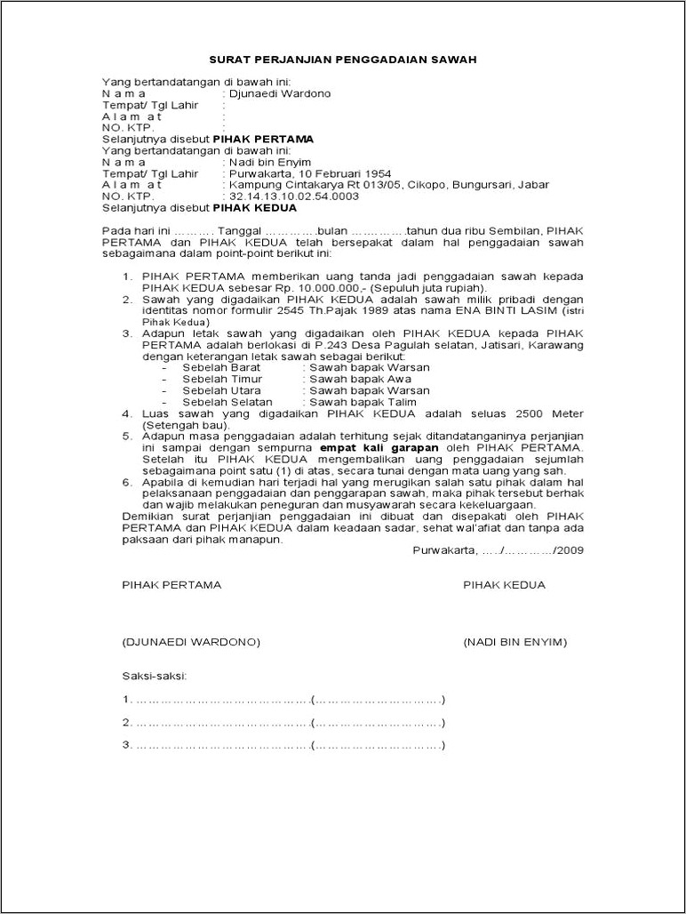 Contoh Surat Perjanjian Penggadaian
