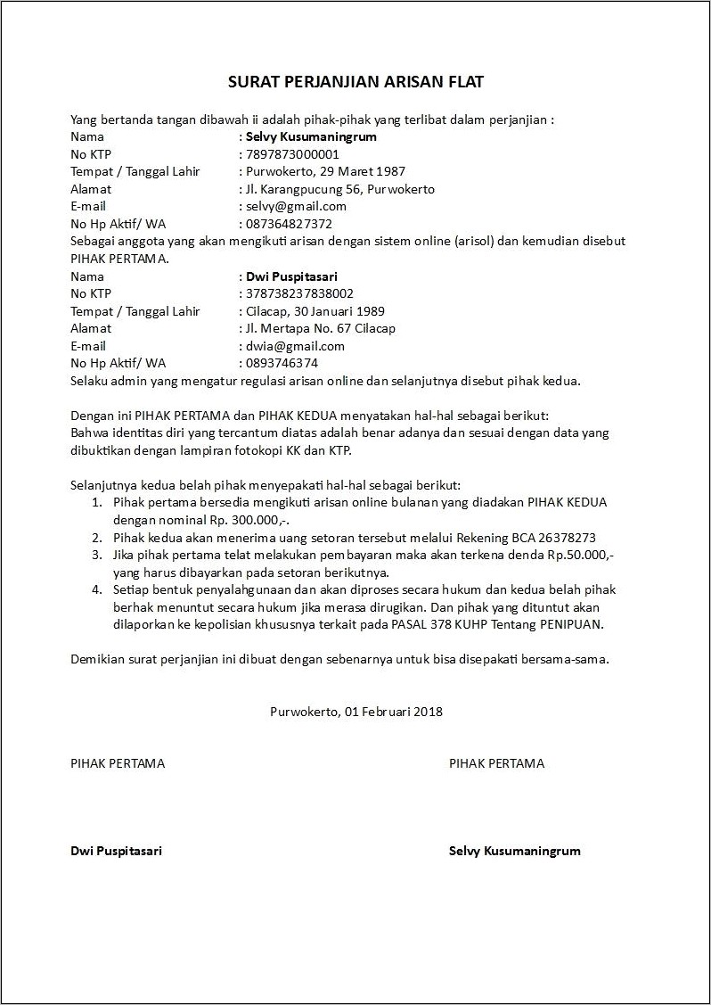Contoh Surat Perjanjian Pengguanaan Data