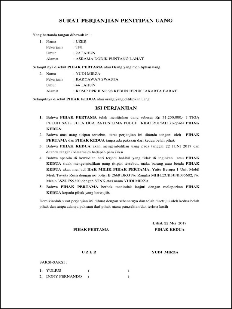 Contoh Surat Perjanjian Penitipan Uang Dengan Jaminan