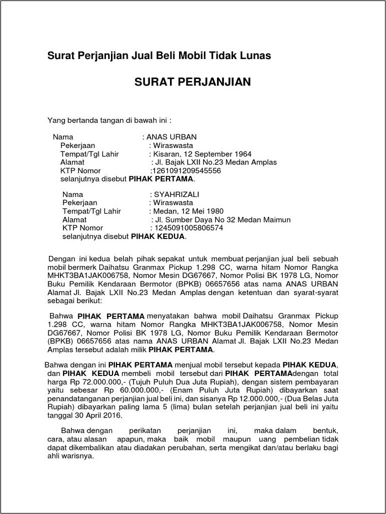 Contoh Surat Perjanjian Penjualan Objek Fidutia