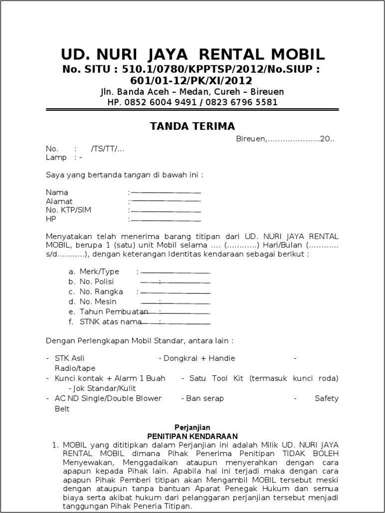 Contoh Surat Perjanjian Penyewaan Mobil