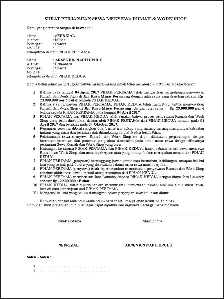 Contoh Surat Perjanjian Penyewaan Rumah