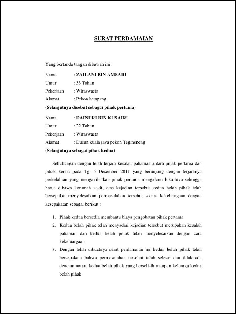 Contoh Surat Perjanjian Perkelahian