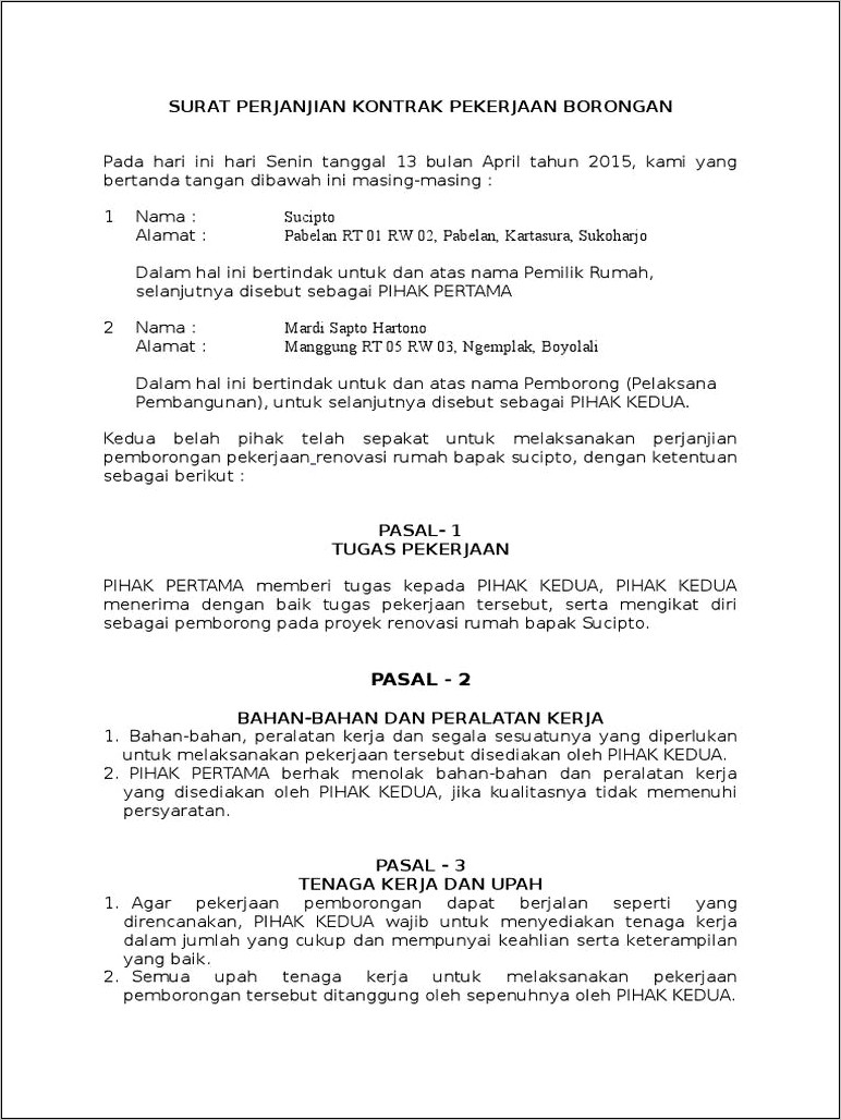 Contoh Surat Perjanjian Perusahaan Dengan Kontraktor Bangunan