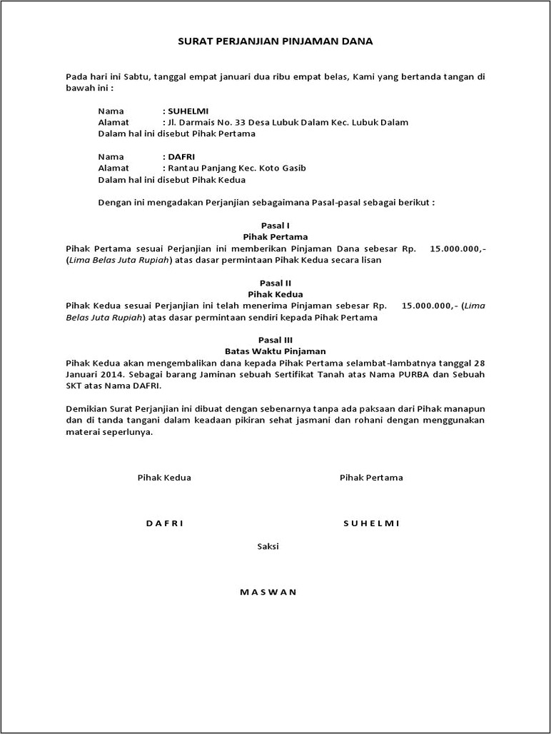 Contoh Surat Perjanjian Pinjam Uang Doc