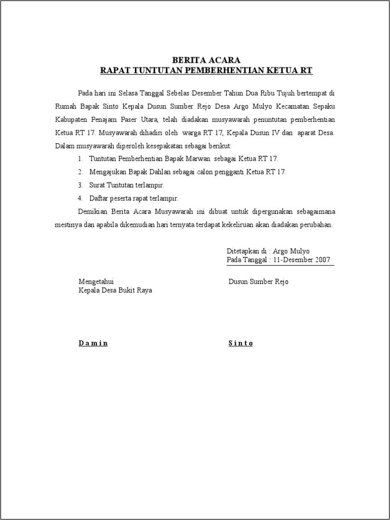 Contoh Surat Perjanjian Rt