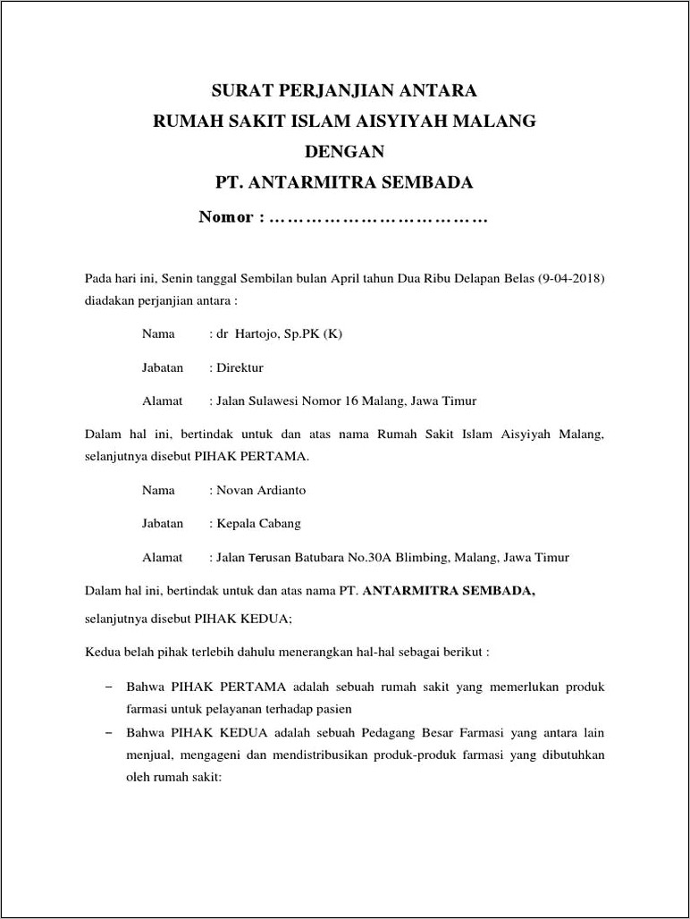 Contoh Surat Perjanjian Rumah Sakit