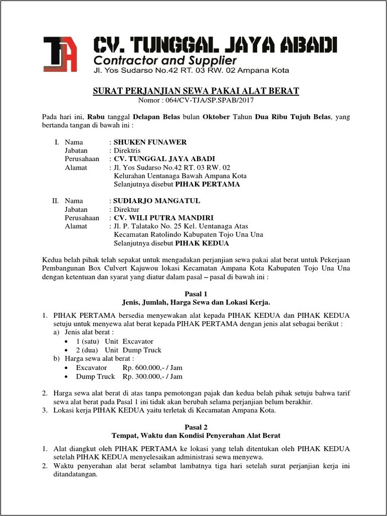 Contoh Surat Perjanjian Sea Menyewa
