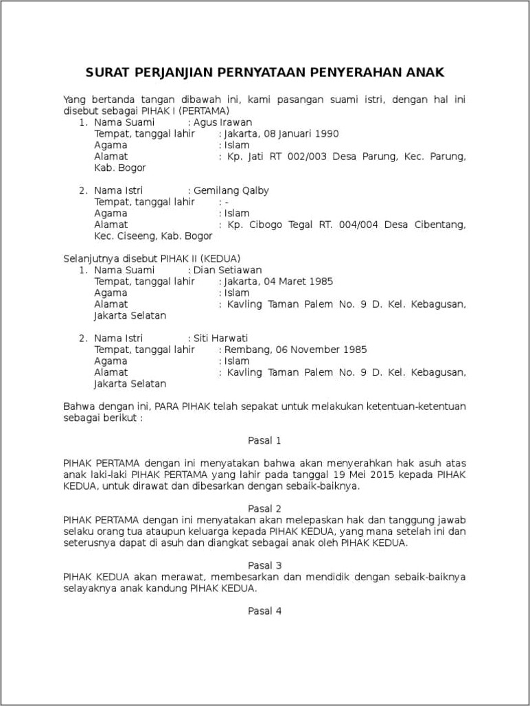Contoh Surat Perjanjian Sebelum Nikah